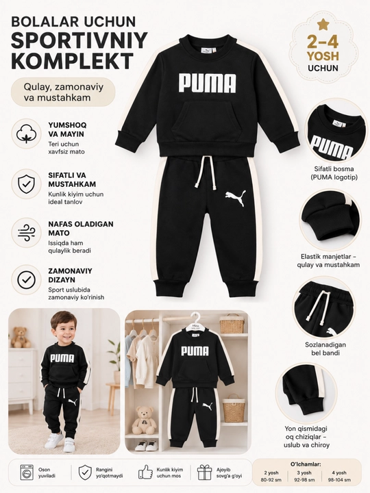 Bolalar uchun sport kostyumi, paxtali kostyum, 2-3 yosh, yumshoq va qulay