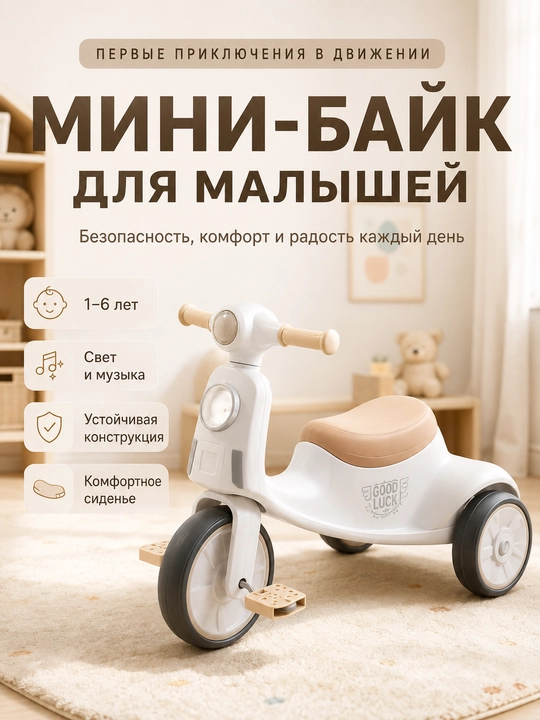 Bolalar uchun uch g‘ildirakli mini velosiped, chiroq va musiqa bilan, 1–6 yosh - 