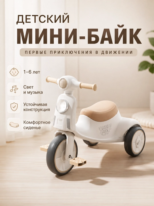 Bolalar uchun uch g‘ildirakli mini velosiped, chiroq va musiqa bilan, 1–6 yosh