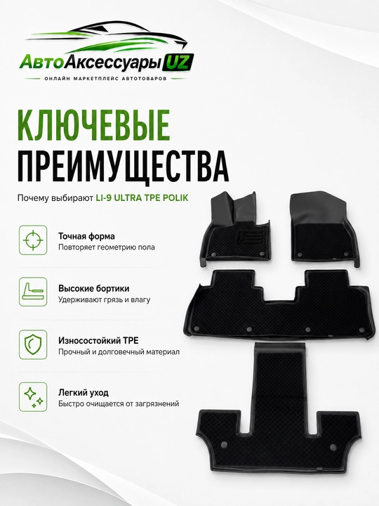 LI-9 Ultra uchun 3D TPE salon gilamchalari, 4 qismli to‘plam, qora