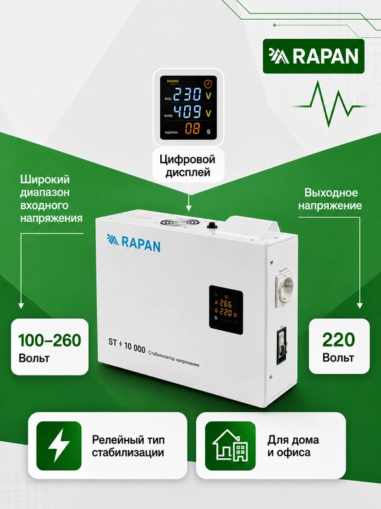 RAPAN ST-10000 kuchlanish stabilizatori, 10000 VA, kirish 100-260 V