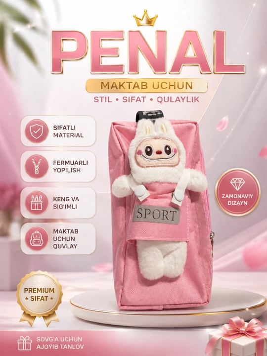 Maktab penali, qattiq korpusli, fermuarli, bolalar uchun - 