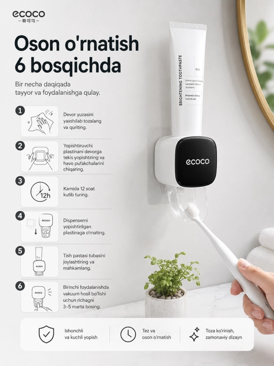 Devorga o'rnatiladigan avtomatik tish pastasi dispenseri, mixsiz