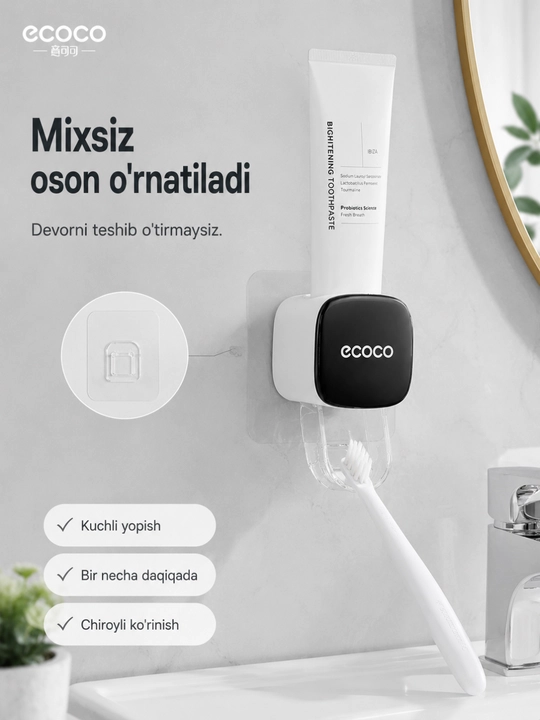 Devorga o'rnatiladigan avtomatik tish pastasi dispenseri, mixsiz