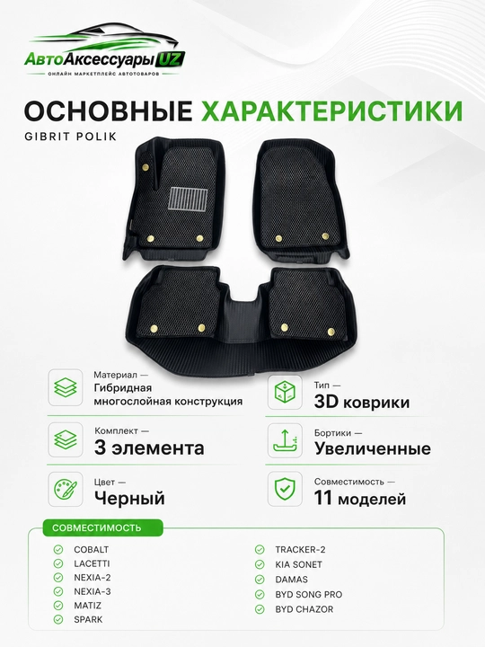 GIBRIT POLIK gibrid 3D salon gilamchalari, 3 qism, qora, 11 model uchun