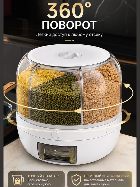 Контейнер диспенсер для круп с дозатором, герметичный, мерный стакан с отсеком для слива