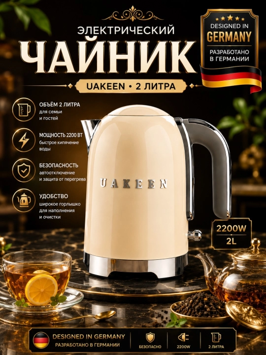 Uakeen elektr choynak 2 litr zanglamaydigan po‘lat choy qaynatgich 2200W - 
