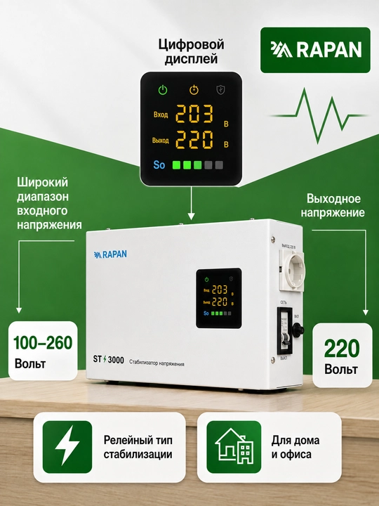 RAPAN ST-3000 kuchlanish stabilizatori, 3000 VA, kirish 100-260 V