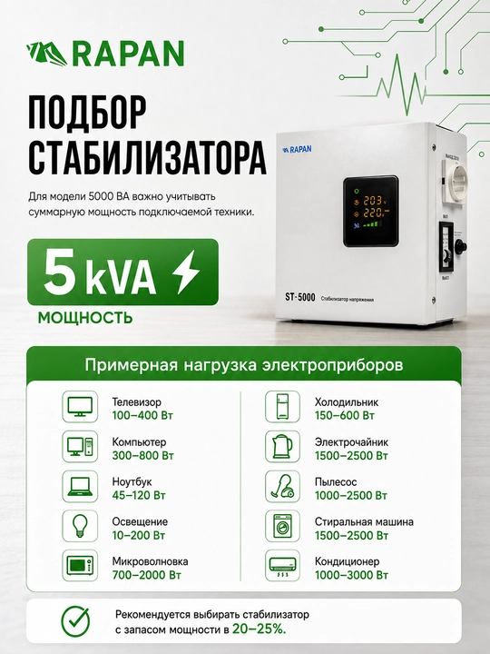 Voltaj stabilizatori RAPAN ST-5000, 5000 VA, kirish 100–260 V