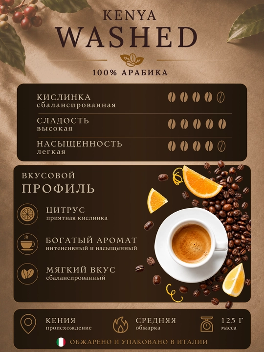 Кофе молотый Caffè Corsini Kenya Washed 125 г, 100% арабика, средняя обжарка