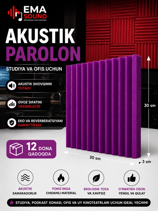 Akustik Porolon Panellar 30x30x2.5sm studiya va ofislar uchun - 