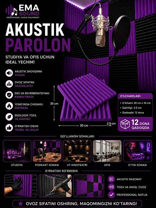 Akustik Porolon Panellar 30x30x2.5sm studiya va ofislar uchun