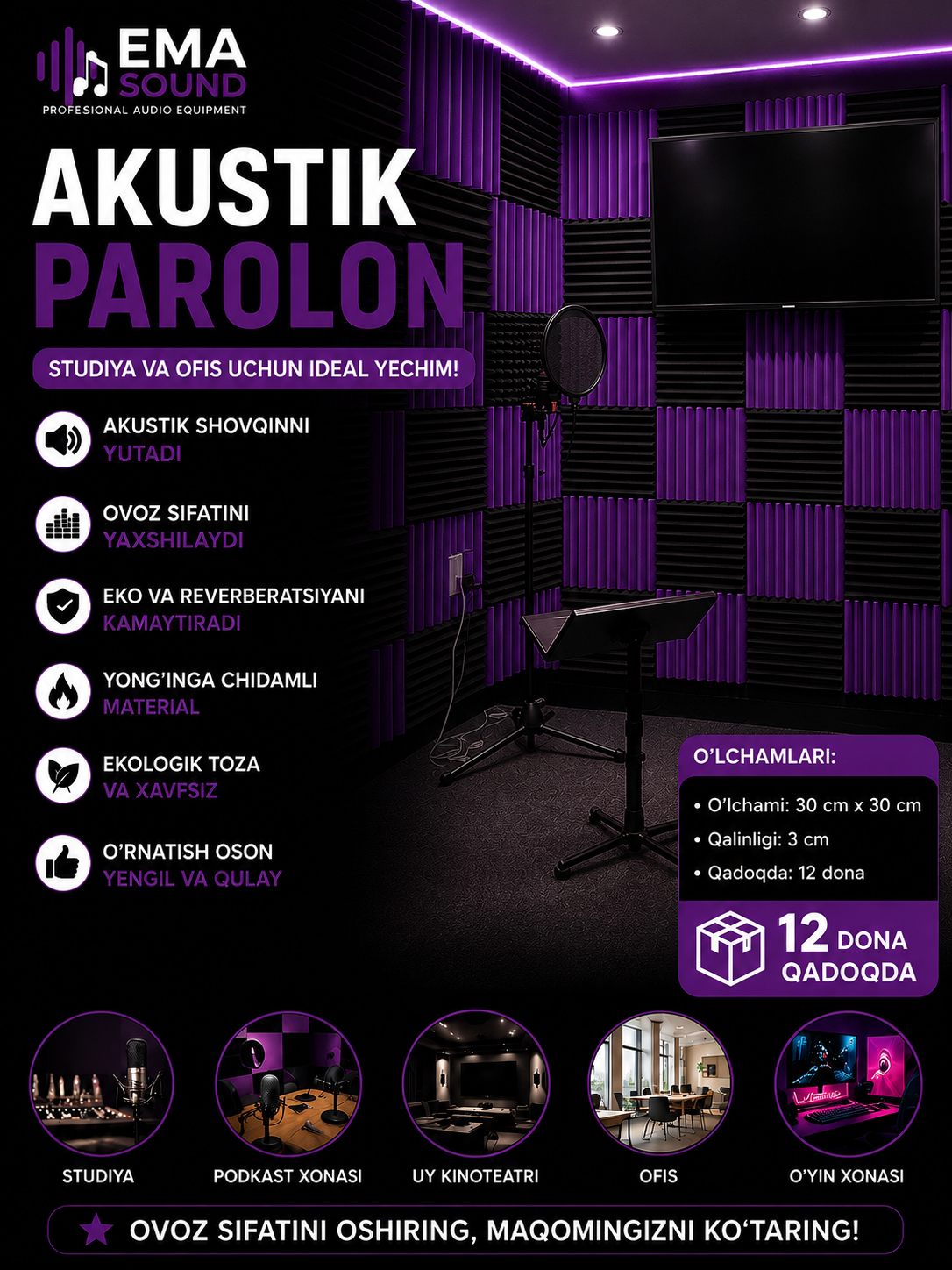 Akustik Porolon Panellar 30x30x2.5sm studiya va ofislar uchun