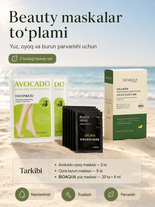 Qora burun maskasi 5 dona, BIOAQUA yuz va avokado oyoq niqoblari to‘plami
