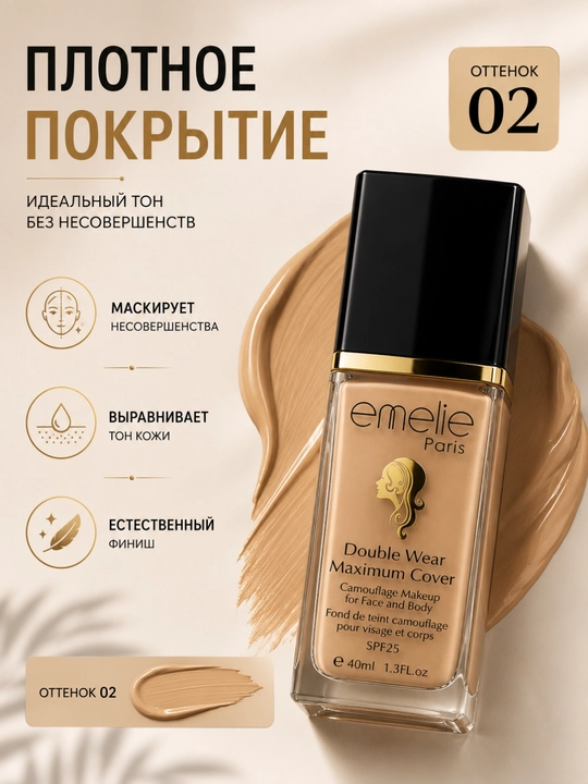 Emelie Paris Double Wear Maximum Cover SPF25 tonal krem, 40 ml (01 va 02 ranglar)