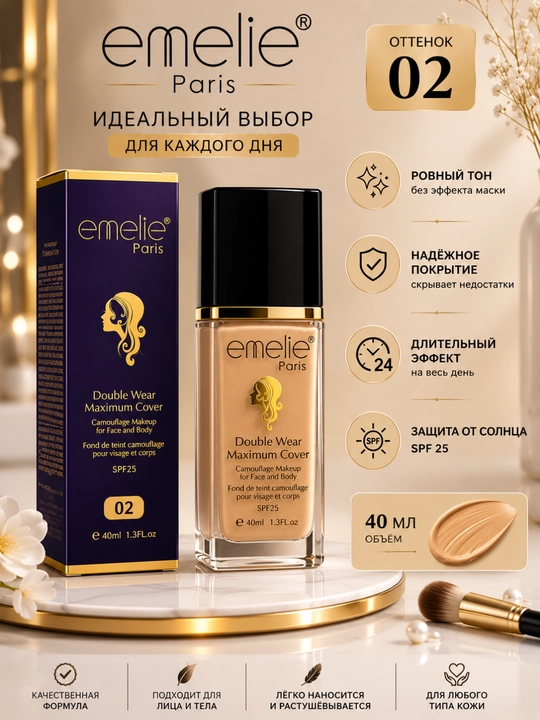 Emelie Paris Double Wear Maximum Cover SPF25 tonal krem, 40 ml (01 va 02 ranglar)