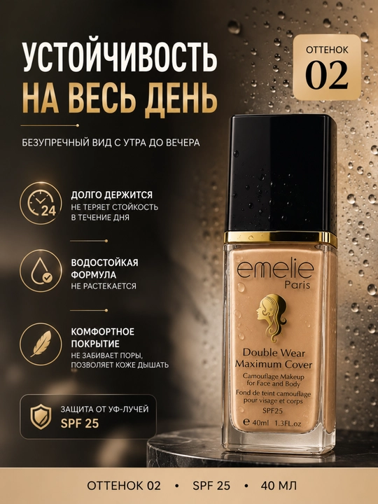 Emelie Paris Double Wear Maximum Cover SPF25 tonal krem, 40 ml (01 va 02 ranglar)
