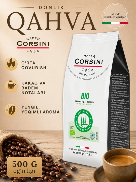 Corsini BIO Organic qahva donasi 500 g, 100% arabika, o‘rtacha qovurilgan