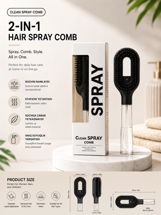 2 ta 1 da Spray Comb Soch uchun purkagichli taroq namlovchi antistatik taroq - 