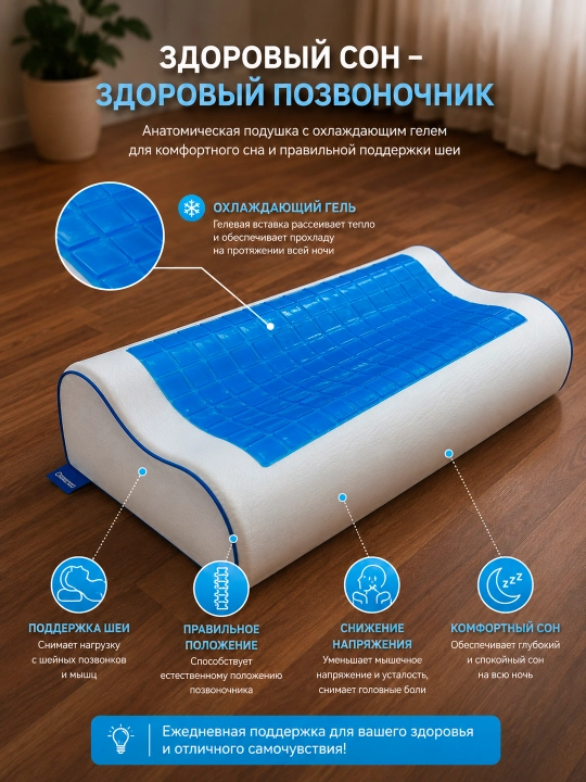 RixesSleep Ergo Wave Gel Memory Foam ortopedik yostiq 60×40 sm sovutuvchi gel bilan