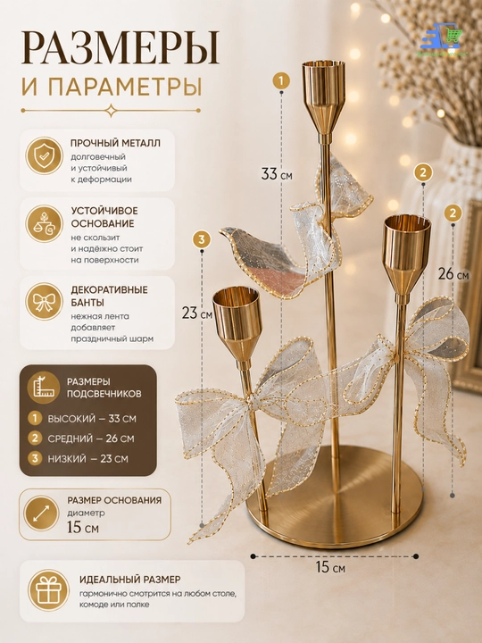 Набор подсвечников 3 шт с бантами, металлические, декор для дома, 3 расцветки