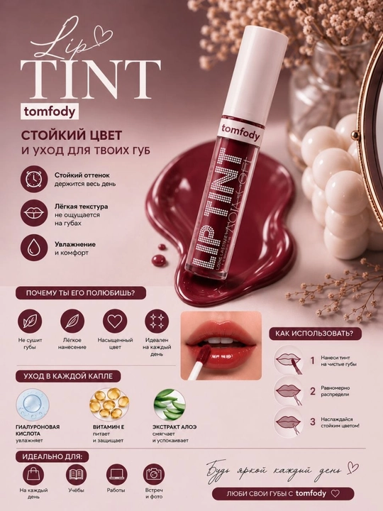 Tomofodi Lip Tint Gel gialuron namlovchi kompleksli lablar uchun bo‘yoq - 