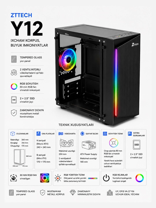 ZTTECH Y12 Компьютерный корпус Micro-ATX, Mini-ITX - 