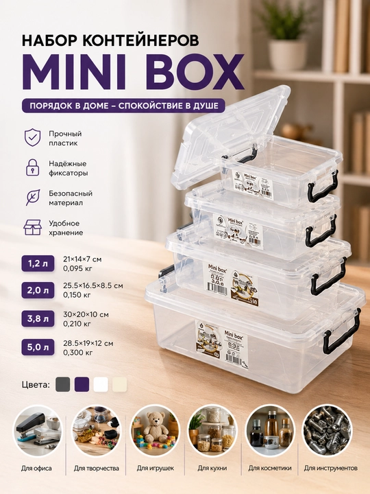 Mini Box nabori – qopqoqli plastik konteynerlar, 1.2 L + 2 L + 3.8 L - 