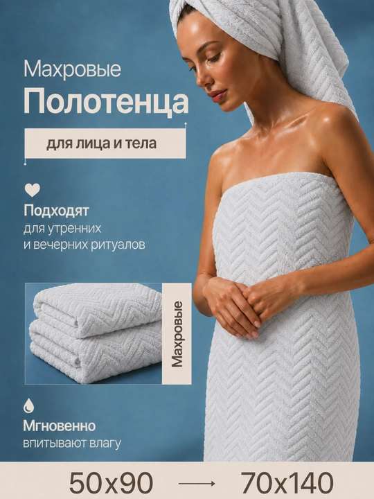 Paxtadan tikilgan tukli sochiqlar to‘plami, 2 dona, 50x90 va 70x140 sm o‘lchamlarda, 4xil rangda - 