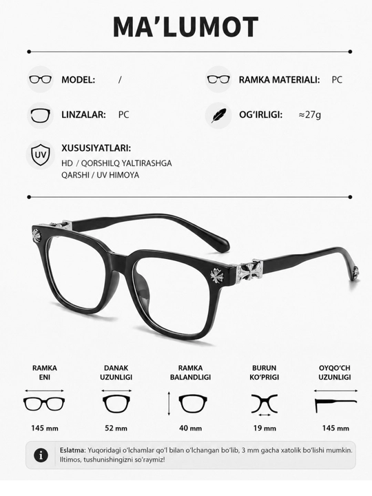 Chrome Hearts imidj ko‘zoynak, erkaklar va ayollar uchun achki, g‘ilofsiz