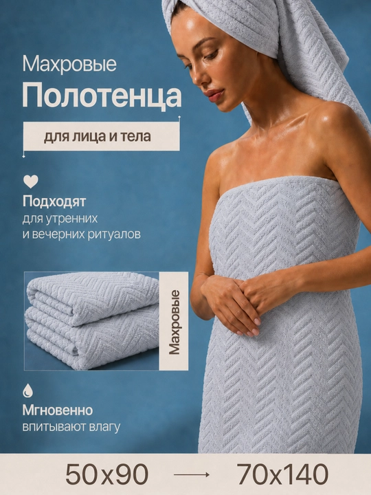 Paxtadan tikilgan tukli sochiqlar to‘plami, 2 dona, 50x90 va 70x140 sm o‘lchamlarda, 4xil rangda - 