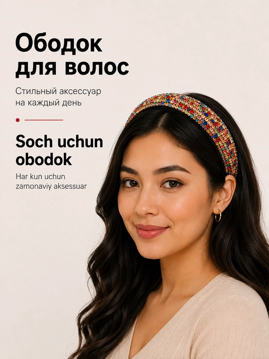 Ободок для волос, мягкий, тканевый, со стразами, камнями, мехом