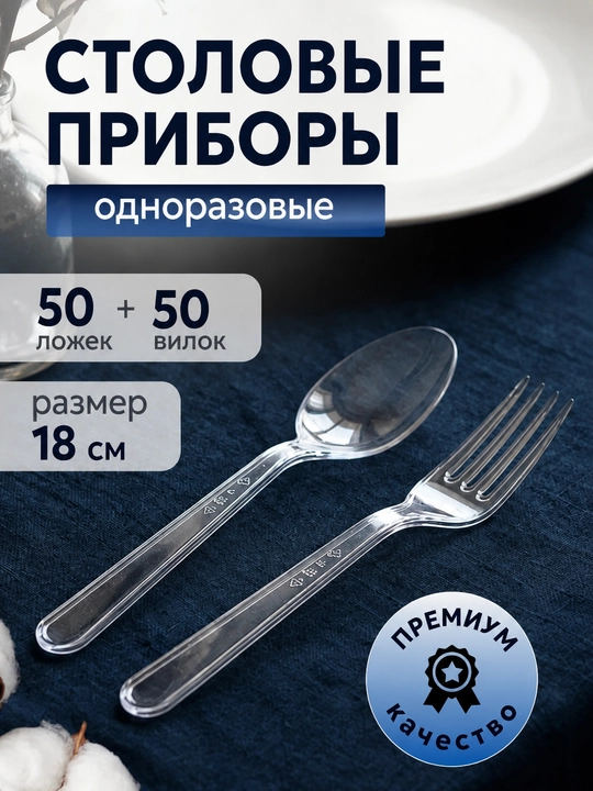 Набор одноразовых прозрачных пластиковых ложек и вилок