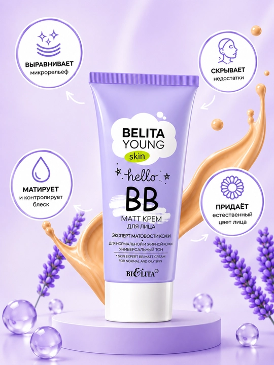 Belita Young Skin BB-mat ​​kremi "Skin mattification expert" normal va yog'li teri uchun, 30 ml
