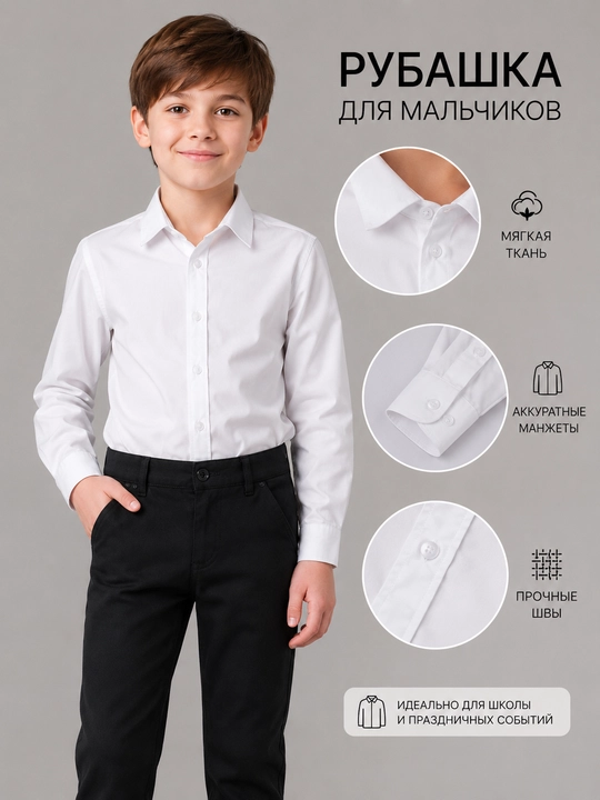 ʻgʻil bolalar uchun klassik maktab koʻylagi, uzun yengli, oq - 
