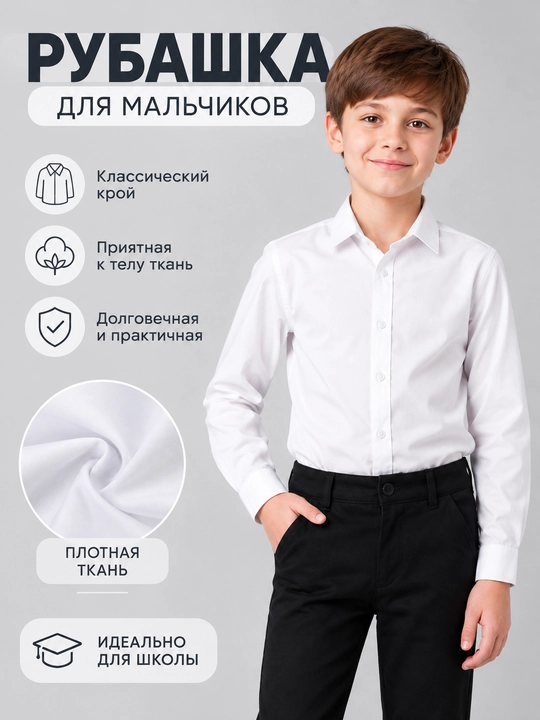 ʻgʻil bolalar uchun klassik maktab koʻylagi, uzun yengli, oq