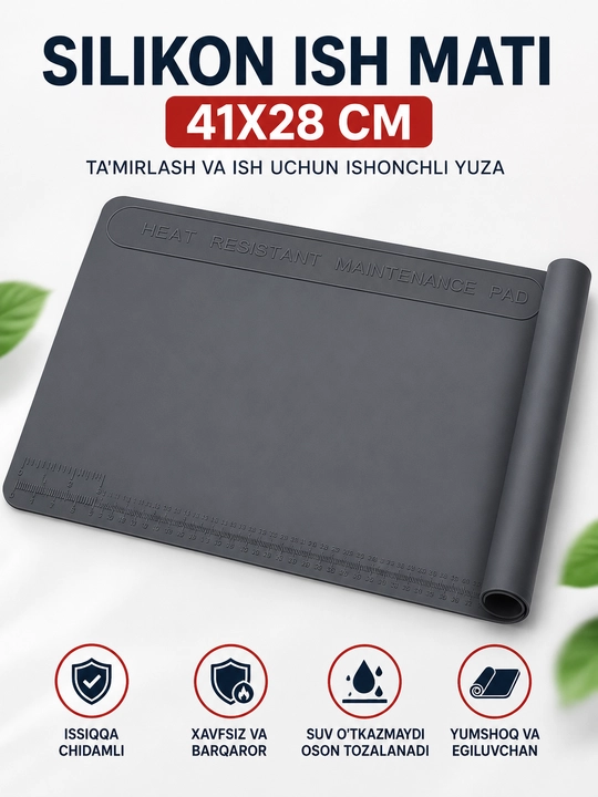 TE-617 silikon ish mati 41×28 sm, issiqqa chidamli, telefon ta’mirlash va montaj uchun