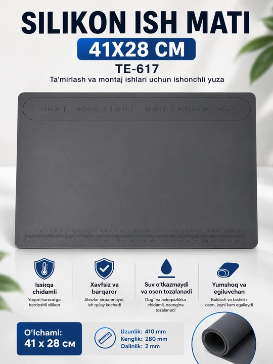 TE-617 silikon ish mati 41×28 sm, issiqqa chidamli, telefon ta’mirlash va montaj uchun - 