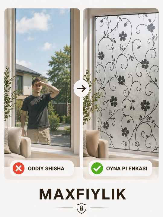 Oyna plenkasi dekorativ mat maxfiylik oynasi uchun shisha bezak UV himoya plyonka