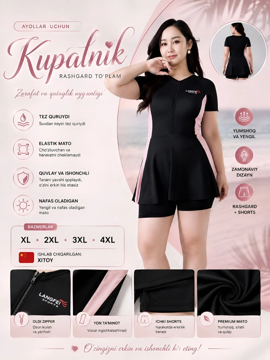 Ayollar uchun ikki qismli cho'milish kiyimi, razmer L,XL,2XL,3XL,4XL, bir o'lcham kichik - 