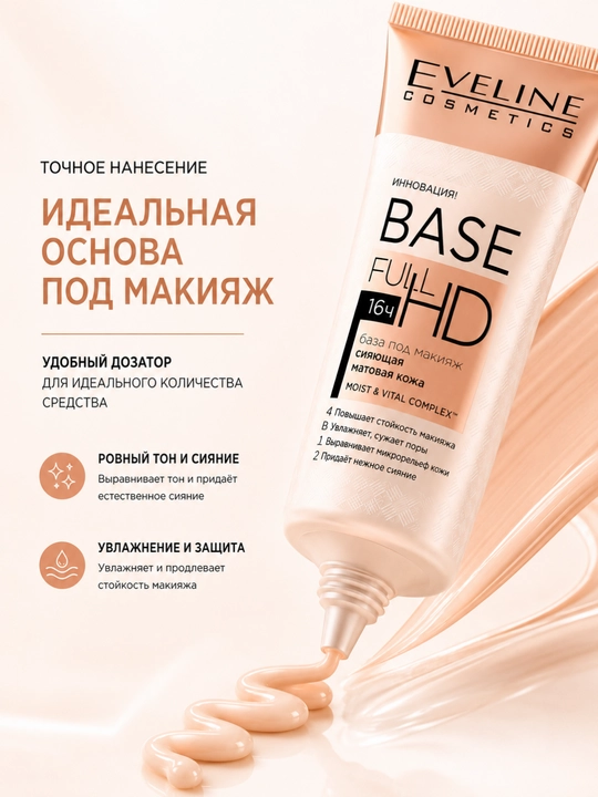 Makiyaj uchun asos Eveline Base HD, yorqin va matlashtirilgan ter, 4 tasi 1 da, 30 ml