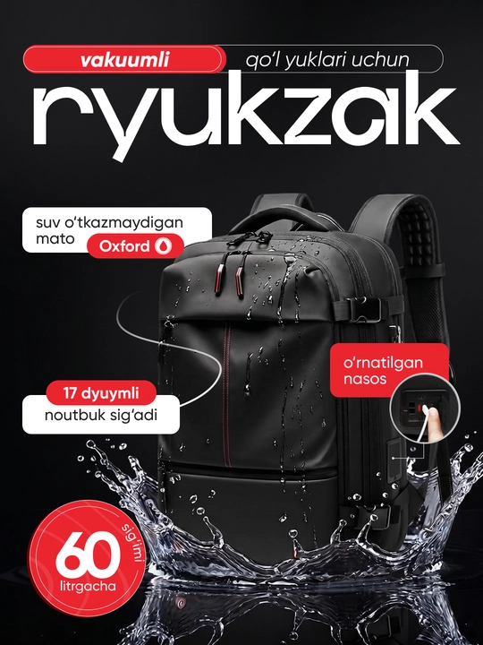 Vakuumli ryukzak 17" noutbuk uchun, 60 l, nasos va TSA qulf bilan
