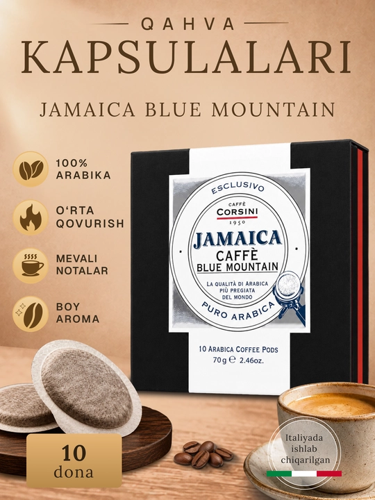 Corsini Jamaica Blue Mountain qahva podlari (cialde), 10×7 g, 100% Arabica, Italiya