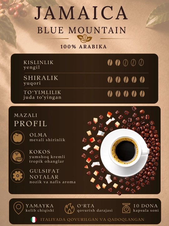 Corsini Jamaica Blue Mountain qahva podlari (cialde), 10×7 g, 100% Arabica, Italiya