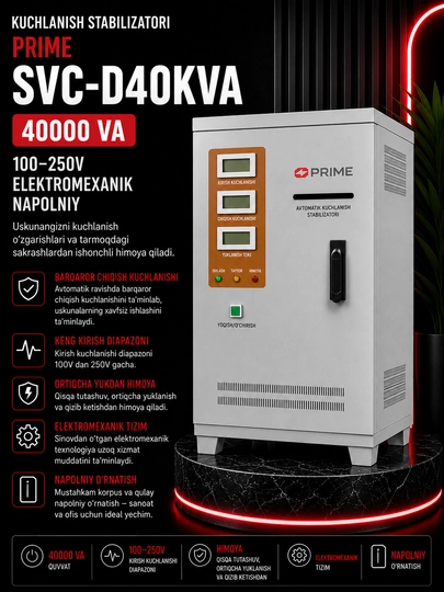 Стабилизатор напряжения PRIME SVC-D40KVA 40000 ВА 100–250В, электромеханический, напольный - 