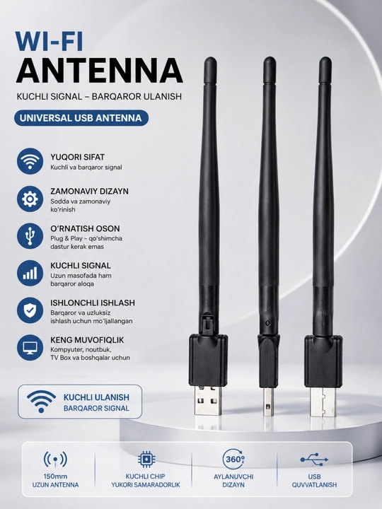 USB Wi-Fi Adapter | 150 Mbps | 2.4 GHz Simsiz Tarmoq Qabul Qilgich | USB 2.0 Plug & Play - 