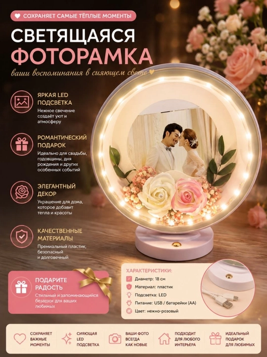 Декоративная складная фоторамка со светодиодным освещением и цветами - 