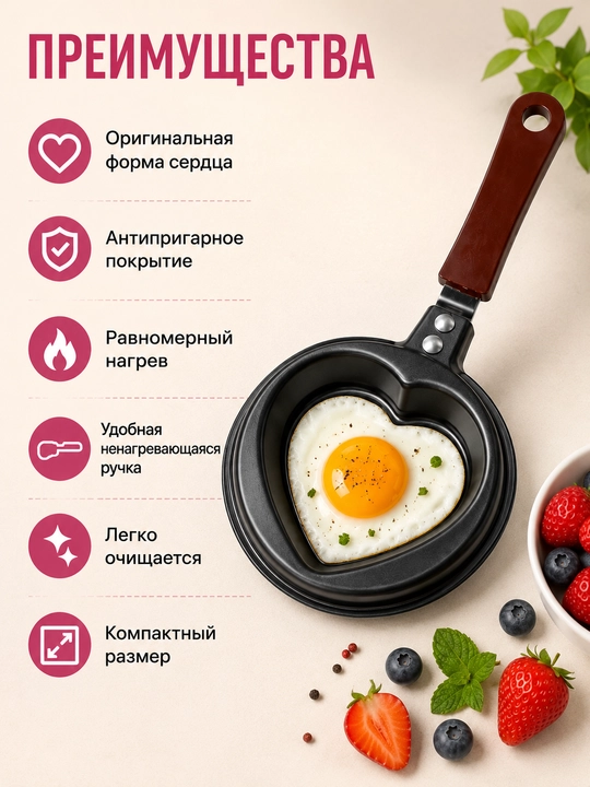 Мини-сковородка в форме сердца, с антипригарным покрытием, 12 см