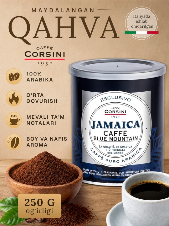 Corsini Giamaica Blue Mountain maydalangan qahva 250 g, 100% Arabica
