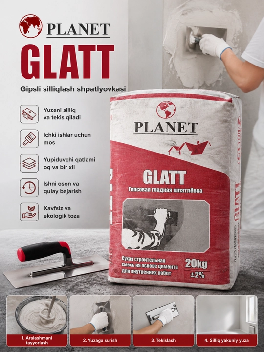 PLANET GLATT gipsli finish shpaklyovka 20 kg, ichki ishlar uchun - 